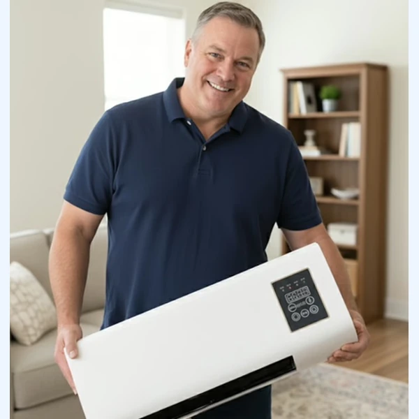 EpiCooler reviews in the living room with portable air conditioner United States